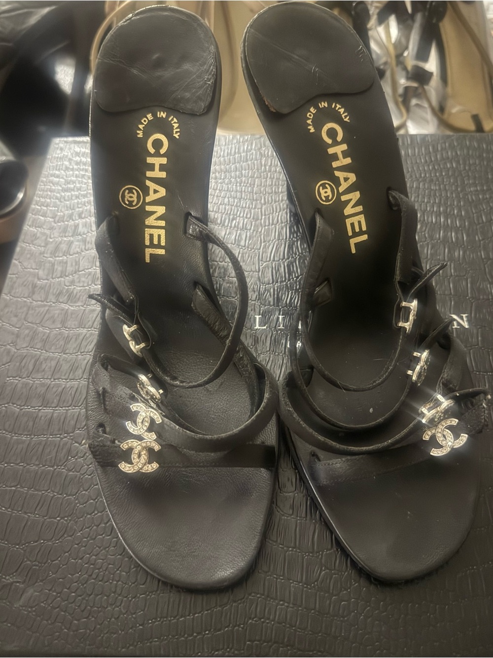 CHANEL Black Leather Strappy Heels with Gold CC Charm
